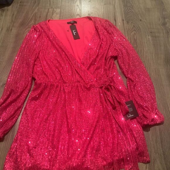 Glamorous LuLus Hot Pink Sequin Faux-Wrap Romper- NWT - Picture 7 of 15